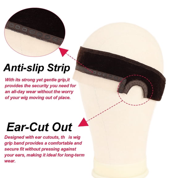 Tuscom 1Pcs Velvet Lace Wig Grip Headband with Silicone Non-Slip Strip - Adjustable Elastic Wig Strap, Soft Breathable Wig Band with Ear Openings for Daily Wear