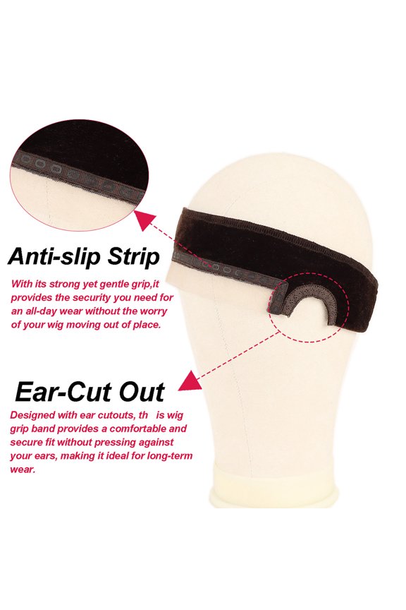 1Pcs Velvet Lace Wig Grip Headband with Silicone Non-Slip Strip - Adjustable Elastic Wig Strap, Soft Breathable Wig Band with Ear Openings for Daily Wear