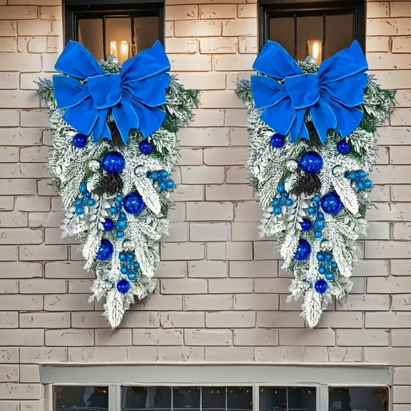 Tuscom 2-Piece Flocked Christmas Door Hanger Swag Set, Festive Holiday Staircase Wall Hanging Decor with Red Berries and Bows, Elegant Xmas Wreath, Front Door Holiday Decor