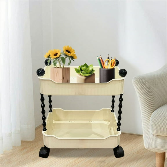 Tuscom 2-Tier Rolling Storage Cart with Lockable Wheels, Multifunctional Mobile Organizer for Kitchen, Bathroom, Living Room, Snack Fruit Storage Rack, White Plastic Utility Cart