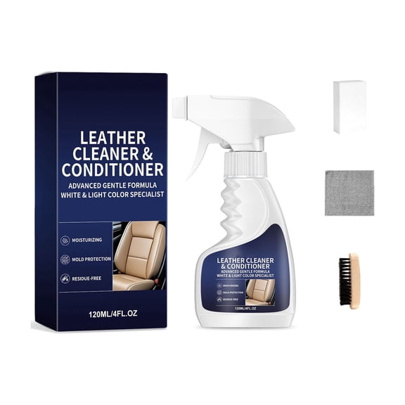 Tuscom 2 in 1 Leather Cleaner and Conditioner 120ml Car Interior Spray, Vegan Leather Care Kit with Sponge Towel Brush for White Black Leather