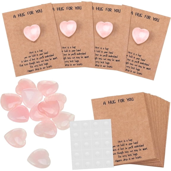 Tuscom 24pcs Heart Shaped Natural Crystal Stones with Greeting Card, Pocket Hug Gift, Bulk Small Crystal Hearts for Jewelry Making, Thoughtful Gift for Friends, Family