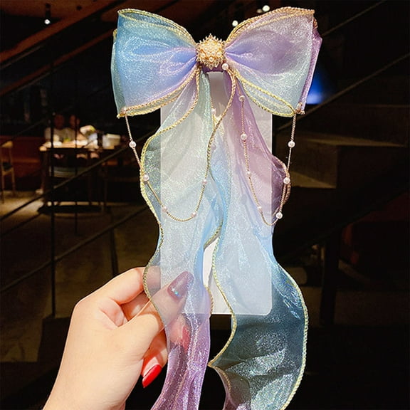 Tuscom 2Pcs Cute Mesh Gradient Bow Hair Clip for Womens, Pearl & Ribbon Tassel Hair Accessories for Ponytail, Braids, School, Wedding