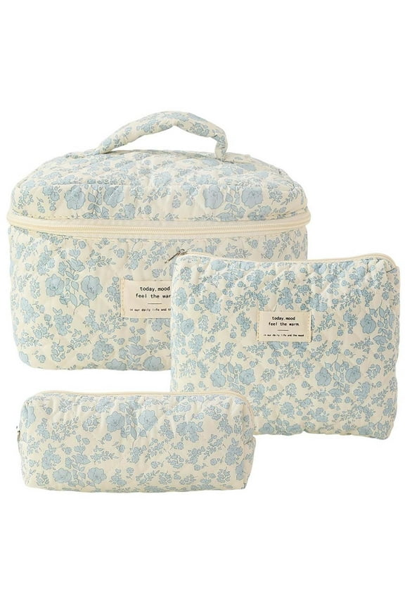 3-Piece Floral Cotton Makeup Bag Set for Women - Quilted Travel Cosmetic Pouch, Toiletry Organizer for Girls | Soft, Lightweight & Durable, Gift, Storage, Travel