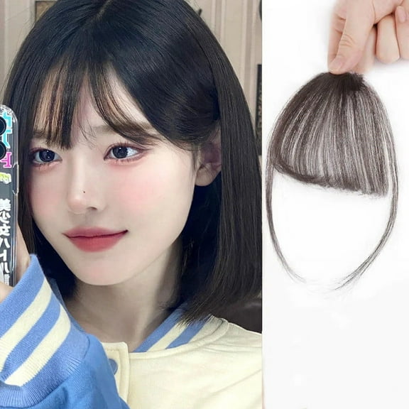 Tuscom 3Pcs Natural Invisible Straight Bangs Wig with Temples, Handmade Human Hair Bangs Piece, Soft, Breathable, Restylable for Daily, Party, Wedding