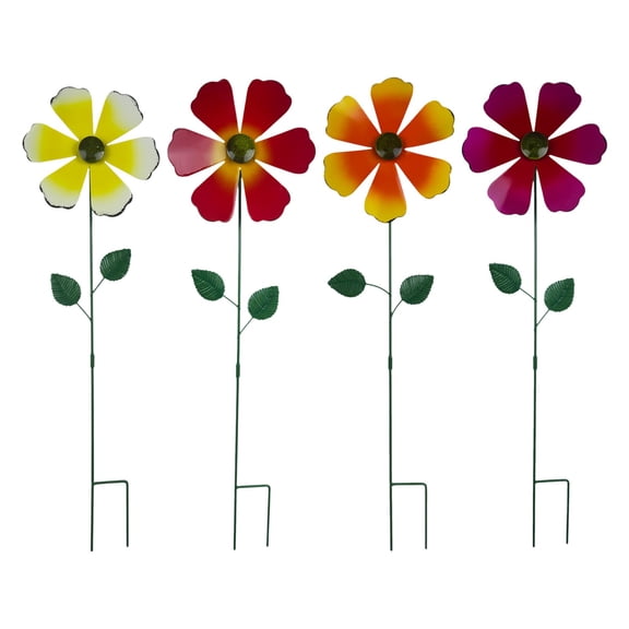 Tuscom 4 Pack Outdoor Garden Iron Flower Decoration 22.8 Inch Wind Rotating Metal Flower Stake Ground Insert with Stakes for Courtyard Lawn Yard Art Landscaping Multicolor