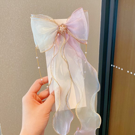 Tuscom 4Pcs Cute Mesh Gradient Bow Hair Clip for Womens, Pearl & Ribbon Tassel Hair Accessories for Ponytail, Braids, School, Wedding