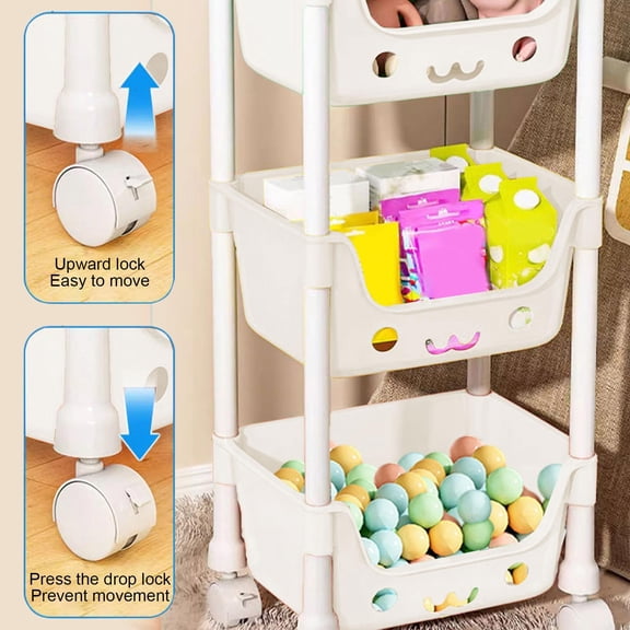Tuscom 5-Tier Toy Organizer Cart with Wheels, 5 Layer Rolling Storage Rack with Lockable Swivel Casters, Plastic Snack & Book Shelf for Bedroom and Playroom, Easy Assembly Cute Smiling Face Design