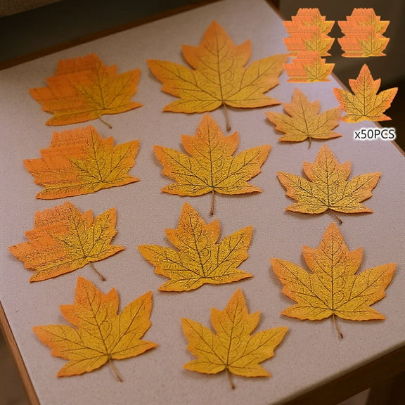 Tuscom 50Pcs Artificial Maple Leaves, Faux Fall Leaves for Autumn Thanksgiving Halloween Decor, Fake Maple Leaves for Wedding Party Centerpieces, Table Garlands, Harvest Season Home Decor