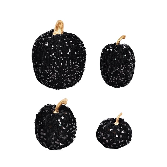 Tuscom 7PC Velvet Sequin Foam Pumpkin Decor Set Glitter Artificial Pumpkins Thanksgiving Harvest Table Centerpiece Black Fall