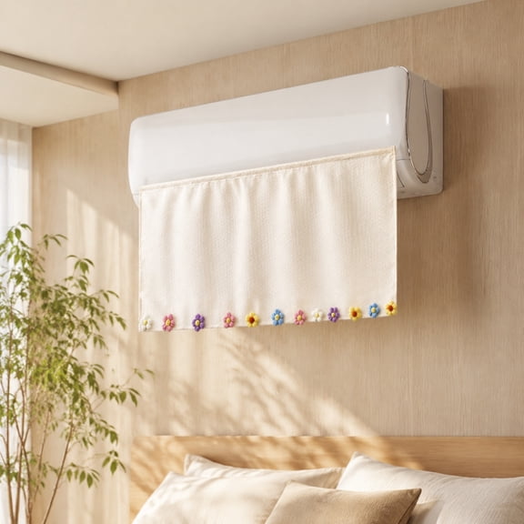 Tuscom Air Conditioner Wind Deflector Curtain, No Drilling AC Cover with Hand Crocheted Flowers, Anti Direct Blowing Guard for Wall Mounted Unit, Safe Draft Stopper for Bedroom
