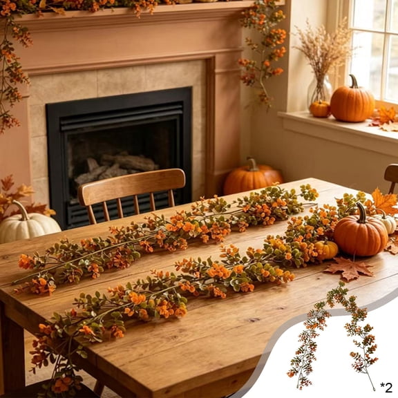 Tuscom Artificial Fall Maple Leaf Garland 2 Pack Orange Red, Autumn Hanging Vine Decor for Thanksgiving Fireplace Mantel, Faux Leaf Home Decoration