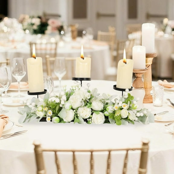 Tuscom Artificial Peony Candelabra Centerpiece with Simulation Flowers, Elegant Iron Candle Holder for Wedding Table Decorations and Party Centerpieces, White and Pink Floral Wreath for Home Decor