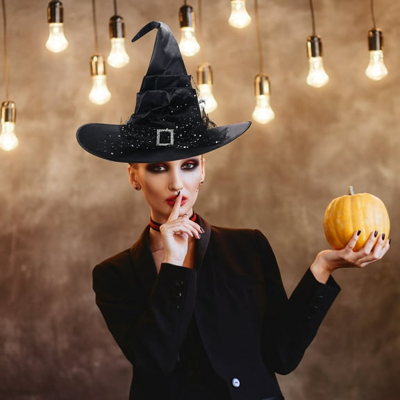 Tuscom Black Witch Hat for Halloween Costume, 15in Pointed Wizard Hat with Foldable Brim for Adults, Party Decorations, Masquerade, and Cosplay Events