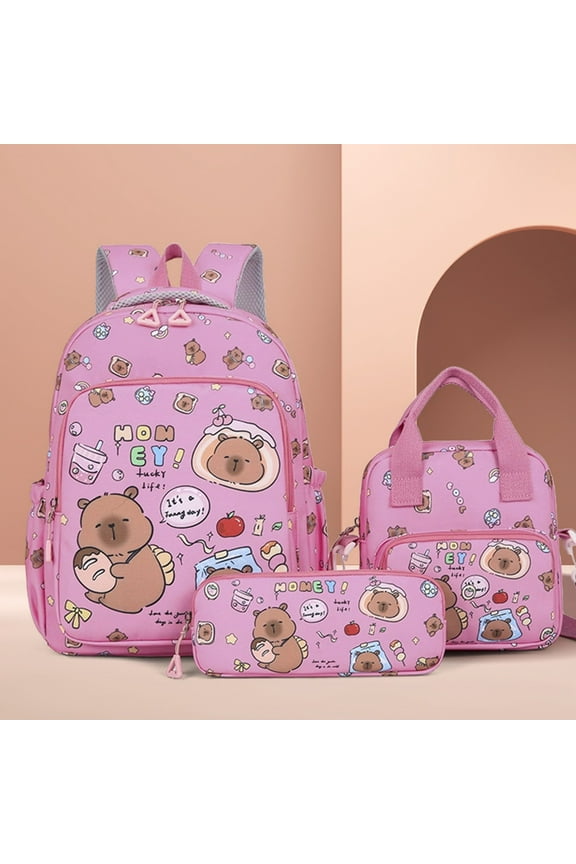 Cartoon Kapibala Backpack Set, Cute Capybara School Backpack with 3-Piece Set, Lightweight Durable Bookbag for Teens