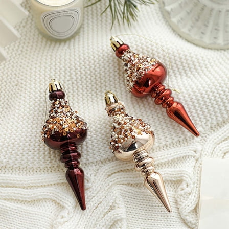 Tuscom Champagne Brown Screw Shaped Christmas Ornaments， Set of 3 Beaded and Sequin Glossy Hanging Decor for Tree， Luxury Modern Holiday Decorations in Gift Box