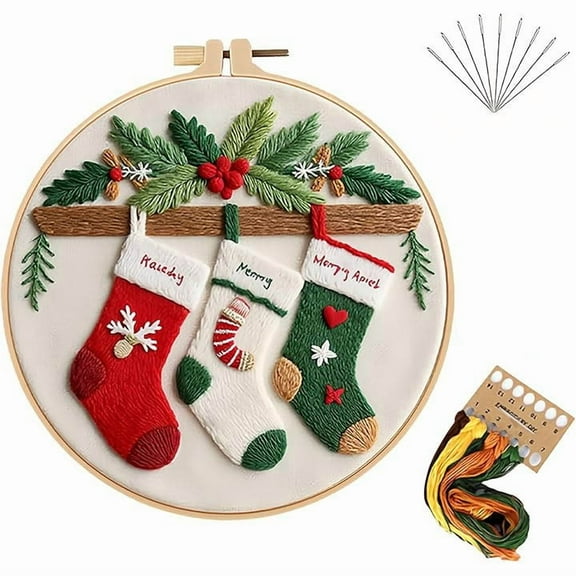Tuscom Christmas Embroidery Kit for Beginners Adults with Embroidery Hoop, Pre-Printed Fabric, Threads, Needles & English Instructions, DIY Hand Embroidery Starter Kit for Crafting Gift