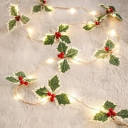 Tuscom Christmas LED String Lights with Red Berries & Green Leaves, Fairy Lights for Indoor Outdoor Decor, 78.74in Garland for Patio, Room, Garden, Wedding, Table, Fireplace Mantle