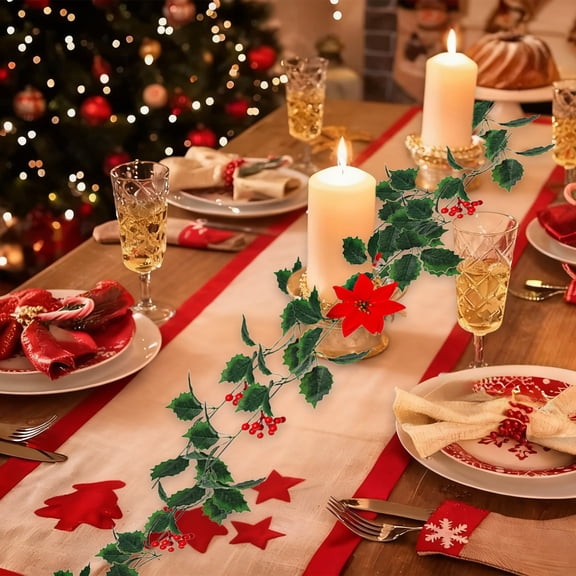 Tuscom Christmas Simulation Flowers Rattan Wall Hanging with Red Berries and Holly Leaves, Artificial Christmas Garland for Home Decor, Festive Holiday Decoration for Fireplace, Door, Staircase