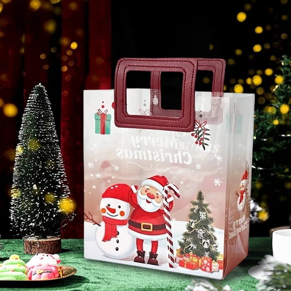 Tuscom Christmas Transparent Gift Bags with Handles, Holiday Party Favor Bags for Christmas Eve Apples, Candy, Toys, Creative Clear Plastic Gift Packaging for Kids, Festive Souvenir Hand Bags