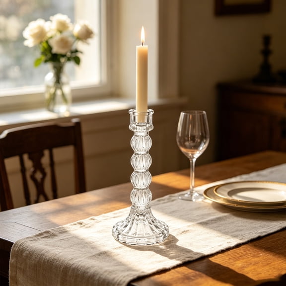 Tuscom Clear Glass Stacked Sphere Taper Candle Holder 7 Inch, Modern Crystal Candlestick for Table Centerpiece Wedding Dining Decor