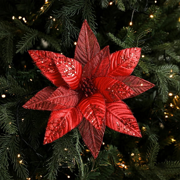 Tuscom Fabric Christmas Poinsettia Flower Arrangement, Artificial Cloth Poinsettia Bloom with Hanging Loop for Xmas Tree Ornaments, Door and Wall Decor, and Party Festive Decorations, 11.42in