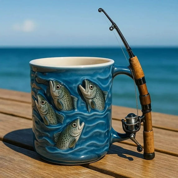 Tuscom Fishing Theme Ceramic Mug with 3D Leaping Fish & Mini Fishing Rod Handle, Unique Coffee Mug for Anglers & Outdoor Enthusiasts, Blue Camping Mug for Daily Use, Gift for Men