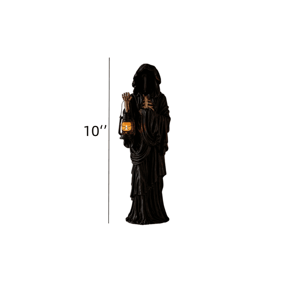 Tuscom Grim Reaper Figurine with LED Lantern, Hooded Skeleton Reaper Statue, Gothic Spooky Tabletop Decor for Halloween Party