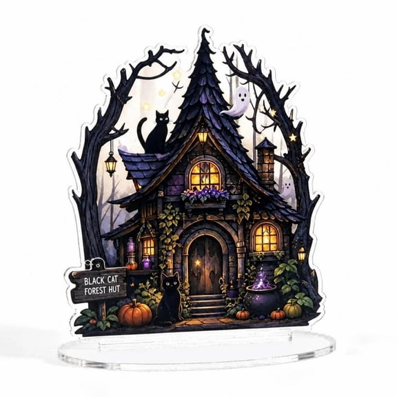 Tuscom Halloween Acrylic Stand Up Figurine 6 Inch, Spooky Gothic Witch House Tabletop Decor, Cute Ghost Village Ornament for Desk Shelf, Haunted Mansion Potion Shop Home Party Display