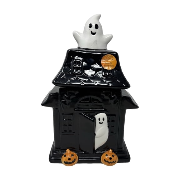Tuscom Halloween Cookie Jar Spooky Ghost House Treat Canister, Resin Candy Storage Jar & Decorative Figurine for Kitchen Counter, Party Table & Mantel