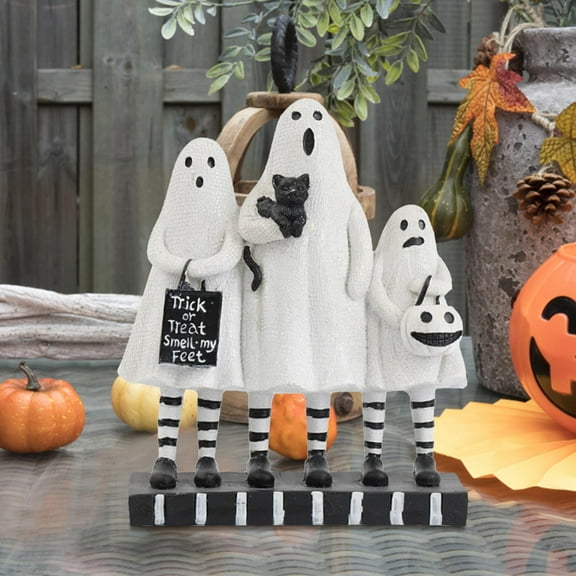 Tuscom Halloween Ghost Family Figurine Set of 3, Resin Ghost Decor with Striped Legs and Boo Sign, Spooky Cute Decorations for Indoor and Outdoor Halloween Party, Home, and Garden Decor