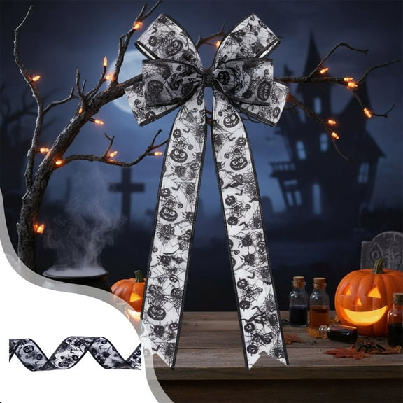 Tuscom Halloween Ribbon with Foil Stamped Pumpkin Skull Spiderweb Design, Wide Polyester Decorative Ribbon for Thanksgiving, Holiday Party Decor, Gift Wrapping, DIY Crafts