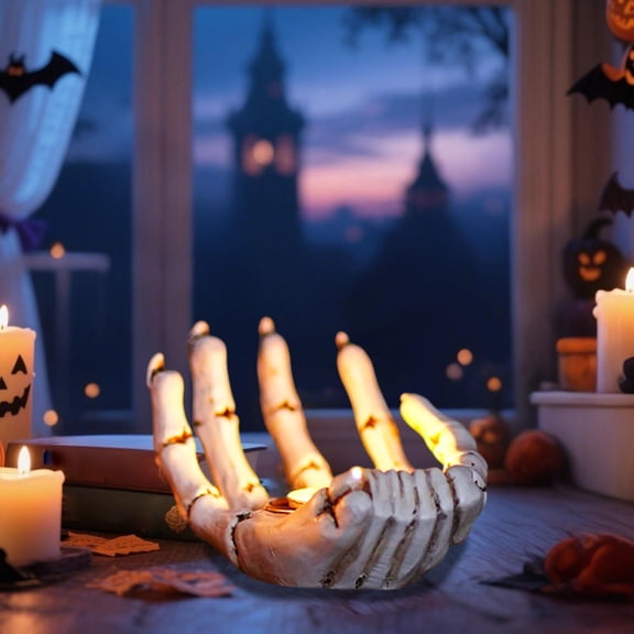 Tuscom Halloween Skull Candle Holder Resin Skeleton Hand Tealight Candlestick, Spooky Gothic Home Table Decor for Halloween Party, Indoor Holiday Fixtures & Skull Collection Ornaments