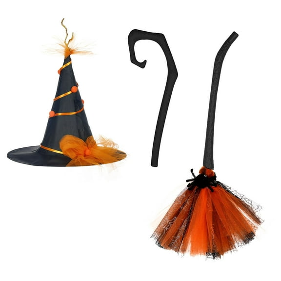 Tuscom Halloween Witch with Flying Broomstick Prop, Detachable Witch Hat and Broom Set for Party Decor, Costume Accessories, and Spooky Displays