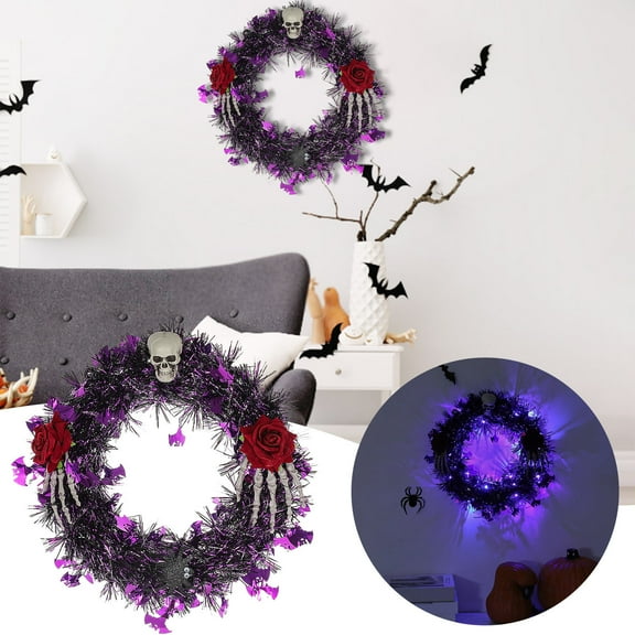 Tuscom Halloween Wreath for Front Door: 13.77inch Lighted Black Twig Wreaths for Outdoor Indoor - Light Halloween Hanging Decorations with Maple Leaf Red Eyeballs Purple Spiders for Wall Party Home