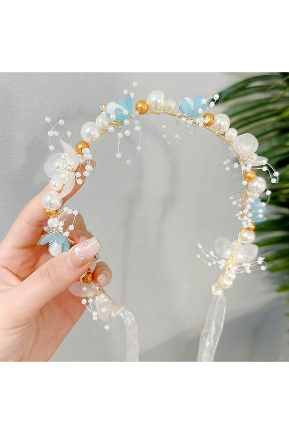 Headband White Pearl Bridal Hair Accessories, Princess Wedding Hairpiece with Rhinestones, Adjustable Flower Crown for Women, Toddlers