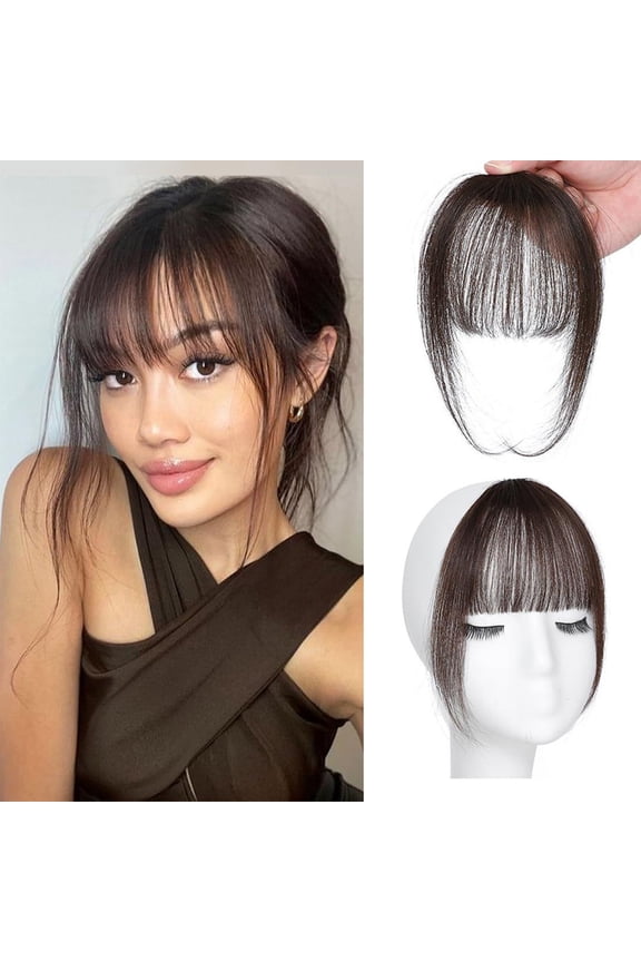 Human Hair Clip In Bangs with Side Fringe - Adjustable Brown Curved Fringe Hairpiece for Daily Wear, Wispy Bangs & Temples for Face Framing