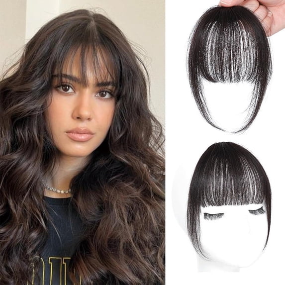 Tuscom Human Hair Clip In Bangs with Side Fringe - Adjustable Brown Curved Fringe Hairpiece for Daily Wear, Wispy Bangs & Temples for Face Framing