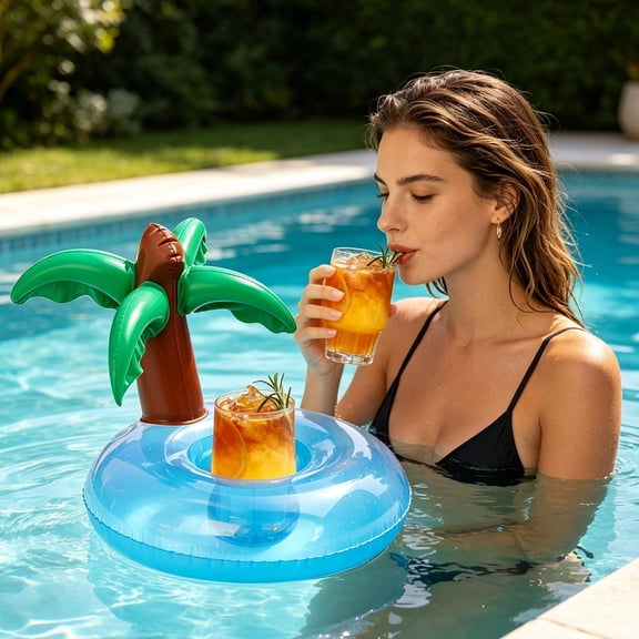 Tuscom Inflatable Palm Tree and Cactus Pool Drink Holders, Floating Cup Floaties for Summer Beach Themed Party and Swimming Pool Use,Light Blue