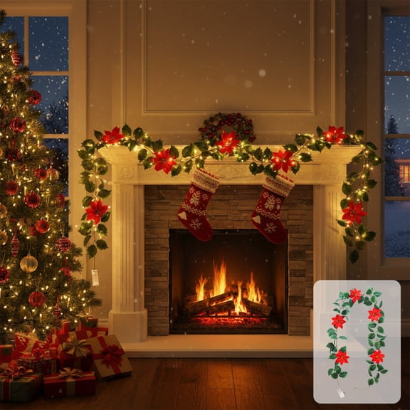 Tuscom LED Christmas Lights String 6.56ft, Rattan Berry Garland with Fairy Lights, Battery Operated Faux Greenery for Mantel Table Tree Party Decoration, Indoor Holiday Home Decor