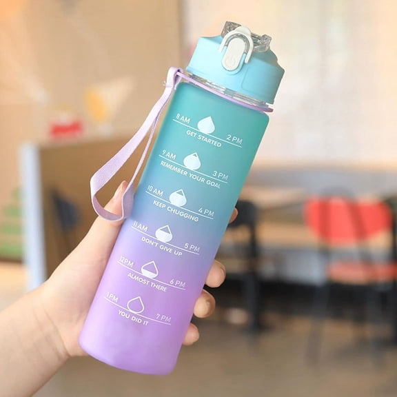 Tuscom Large Capacity Sports Water Bottle Flip Top Leak Proof Bounce Lid Plastic Gym Bottle with Carry Strap Gradient Design