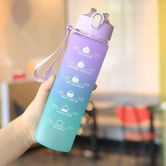 Tuscom Large Capacity Sports Water Bottle Flip Top Leak Proof Bounce Lid Plastic Gym Bottle with Carry Strap Gradient Design
