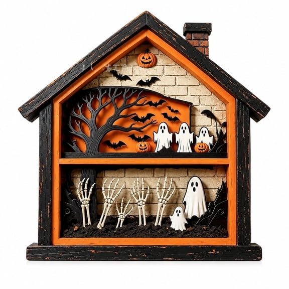 Tuscom Layered Wooden Halloween Ornament 5.9 Inch Spooky House Decor 3D Shadow Box for Desktop Mantel