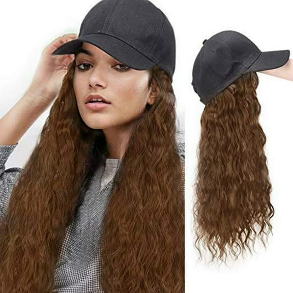 Tuscom Long Curly Wig Cap with Attached Hair, 26in High-Temp Silk Baseball Hat for Women, Natural Black Wigs