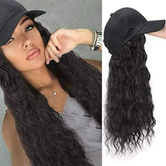Tuscom Long Curly Wig Cap with Attached Hair, 26in High-Temp Silk Baseball Hat for Women, Natural Black Wigs