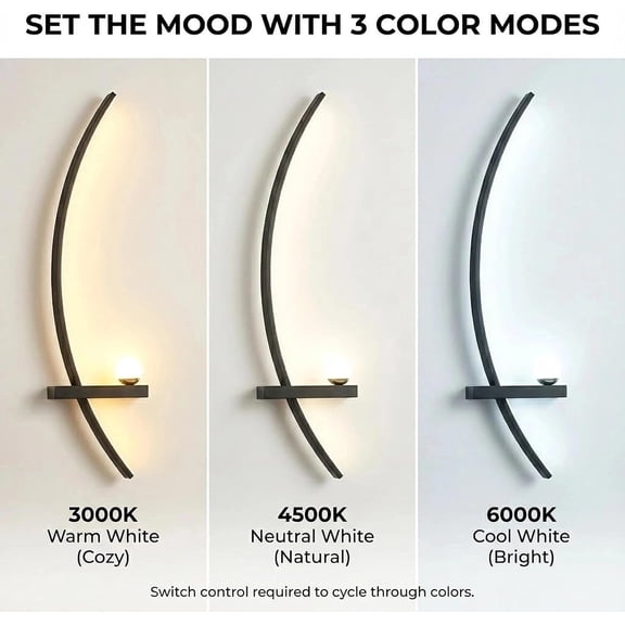 Tuscom Modern Black LED Wall Sconce Dimmable Curved Art Wall Light Linear Sconce Lamp for Bedroom Living Room Hallway Staircase, Gift