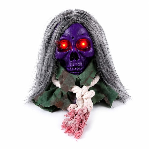 Tuscom Moving Halloween Skull Head Prop Hanging Skeleton Decor with Glowing LED Eyes Long Hair for Indoor Outdoor,Purple
