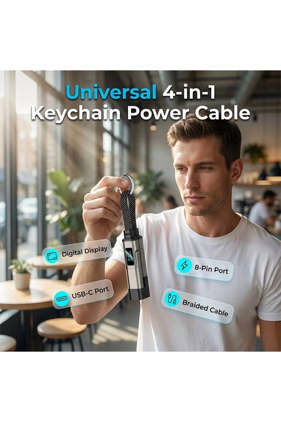 Portable 4-in-1 Keychain Charging Cable with Digital Display – Multi Charging Cord Adapter for iPhone, Android, Type C, Universal Connector Keyring Phone Charger for Travel (Black)