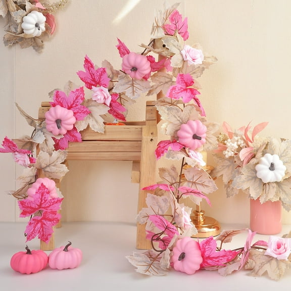 Tuscom Pumpkin Maple Leaf Vines Thanksgiving Garland with Blush Pumpkins, 66.9in Faux Fall Vine, Fake Plants for Halloween Thanksgiving Decor, Table Mantle Wedding Autumn Festival Decorations