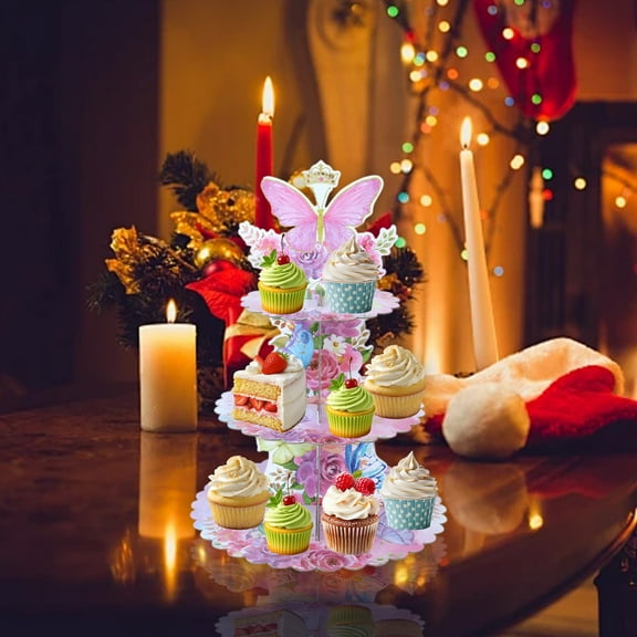 Tuscom Purple 3 Tier Cake Stand for Birthday Party, Multi Tier Dessert Display Stand with Santa Topper for Cupcakes, Cookies, Treats, Holiday and Christmas Home Decoration, 15.9x11.3in